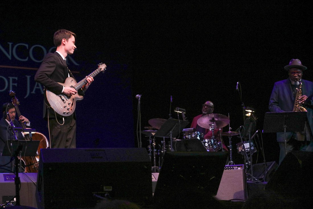 The Competition finals, December 3, 2019: Yasushi Nakamura, Evgeny Pobozhiy, Carl Allen, Bobby Watson (photo © Steve Mundinger, Herbie Hancock Institute of Jazz)