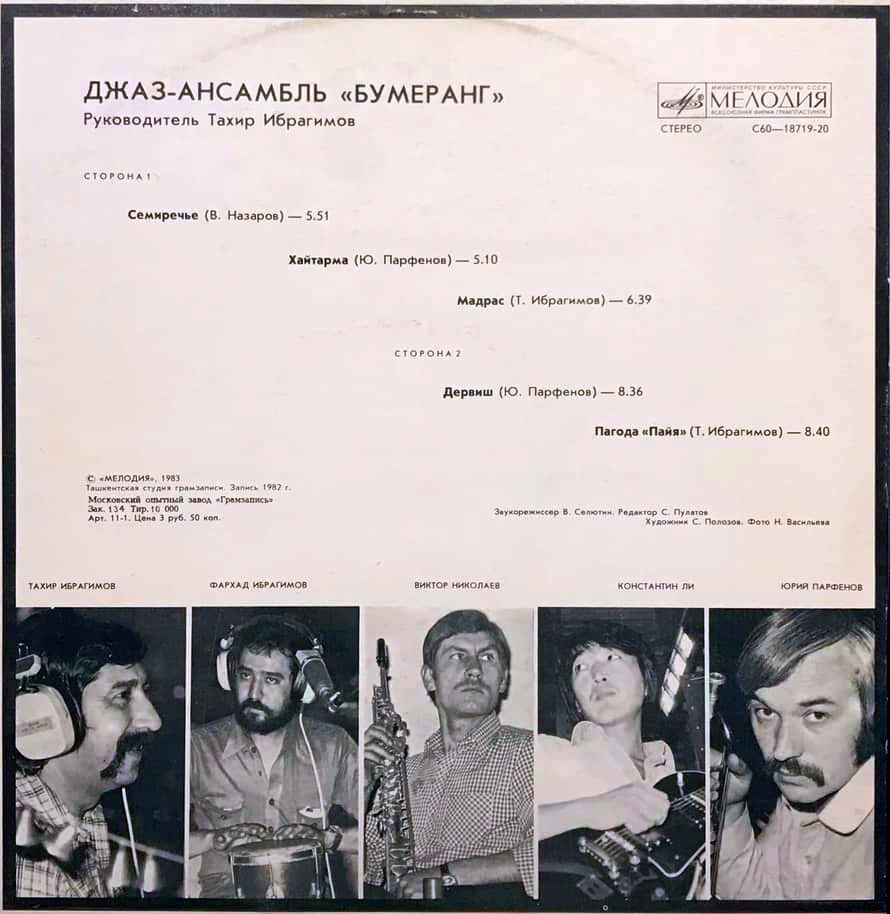 Юрий Парфёнов (крайний справа) на задней обложке альбома «Джаз-ансамбль Бумеранг» (1983)